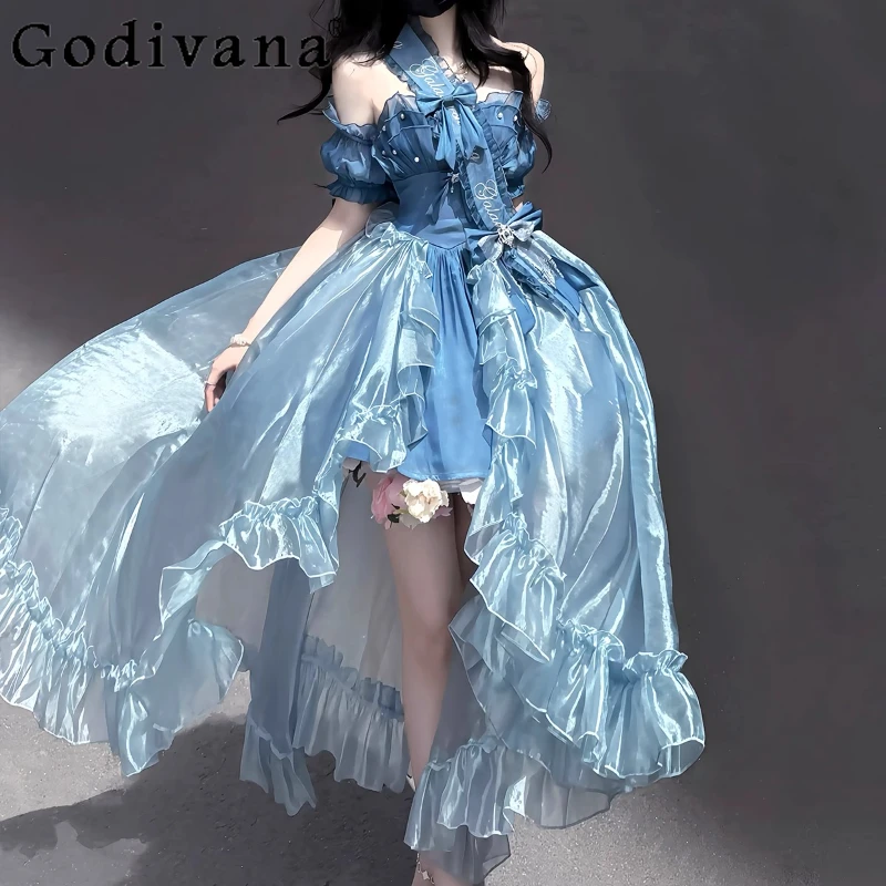 Элегантное длинное платье в стиле Лолиты для девочек, повседневная одежда, карнавальное вечернее платье с рукавами, комплект женского платья принцессы с большим бантом