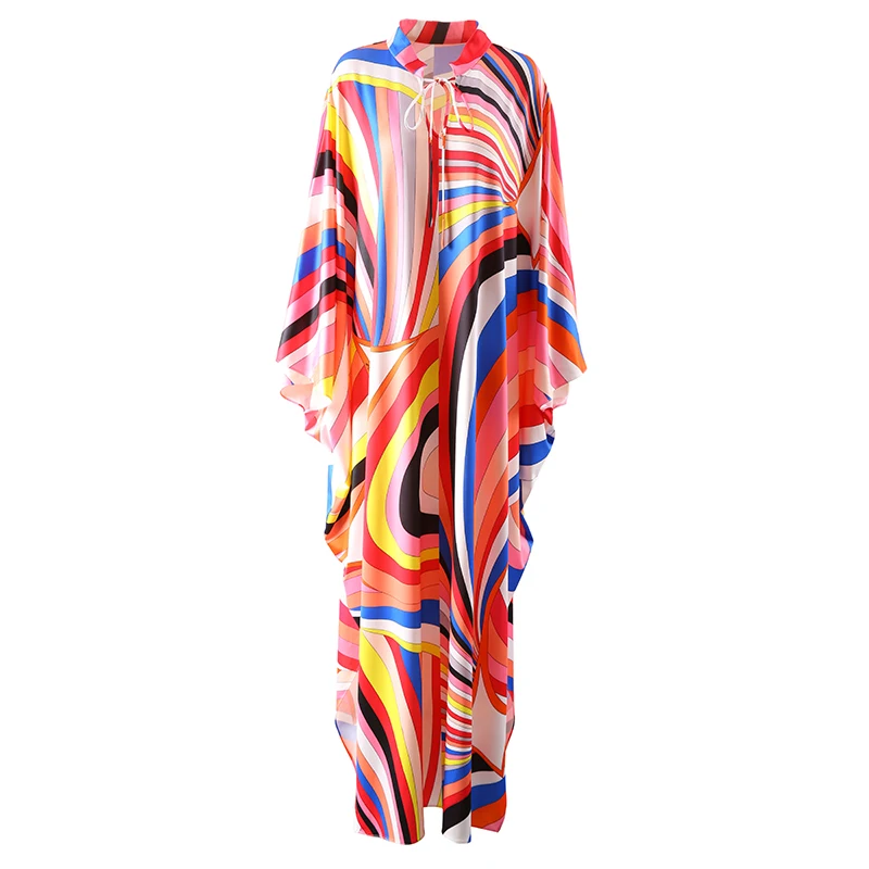 Elegant Loose Robe Dresses Autumn Women Colorful Striped Printing Fashion Batwing Sleeve Party Vacation Casual Vestidos