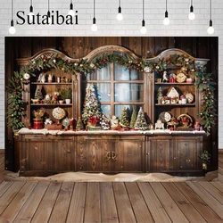 Vintage Wood Cupboard Christmas Decoration Photography Backdrops Window Little Christmas Tree Timepiece Photo Studio Background