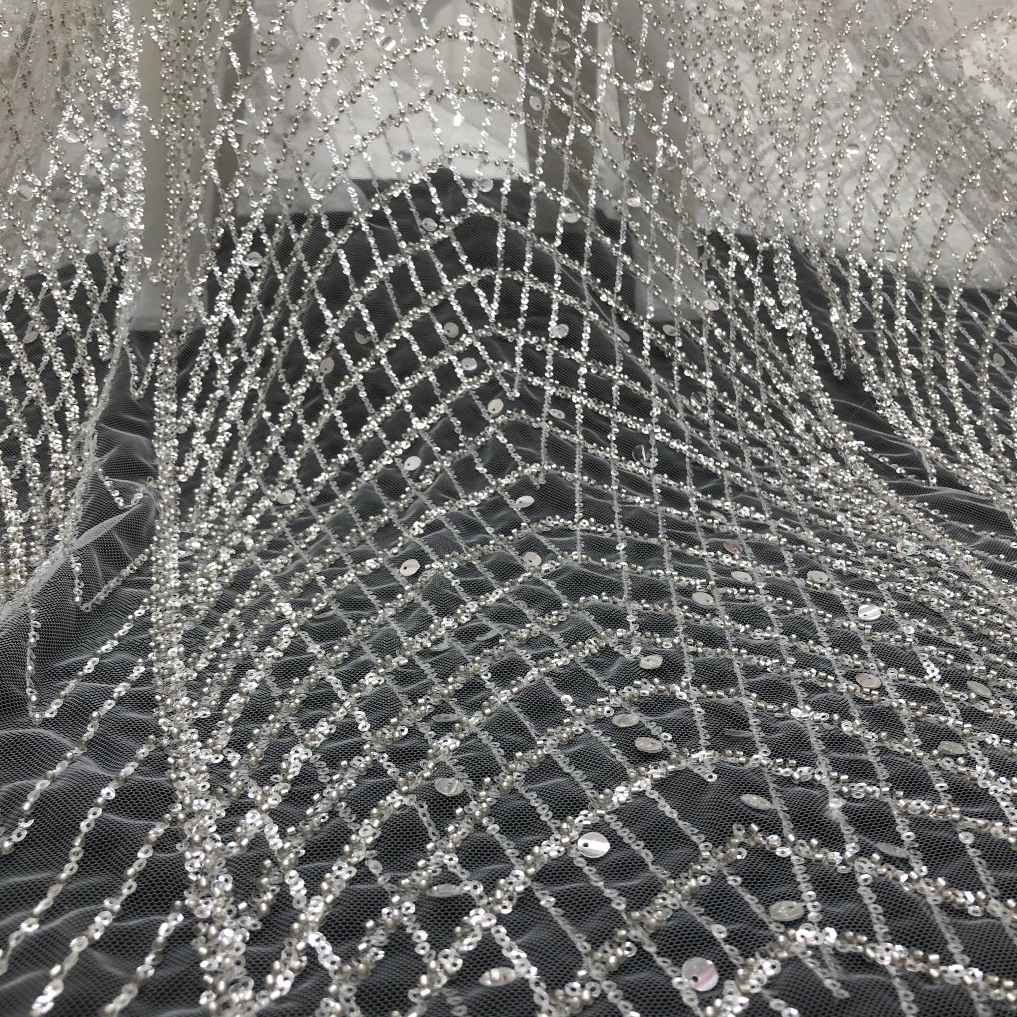 Simple Pattern High Quality Silver Sequin Beads Embroidery Wedding Evening Dress Lace Fabric