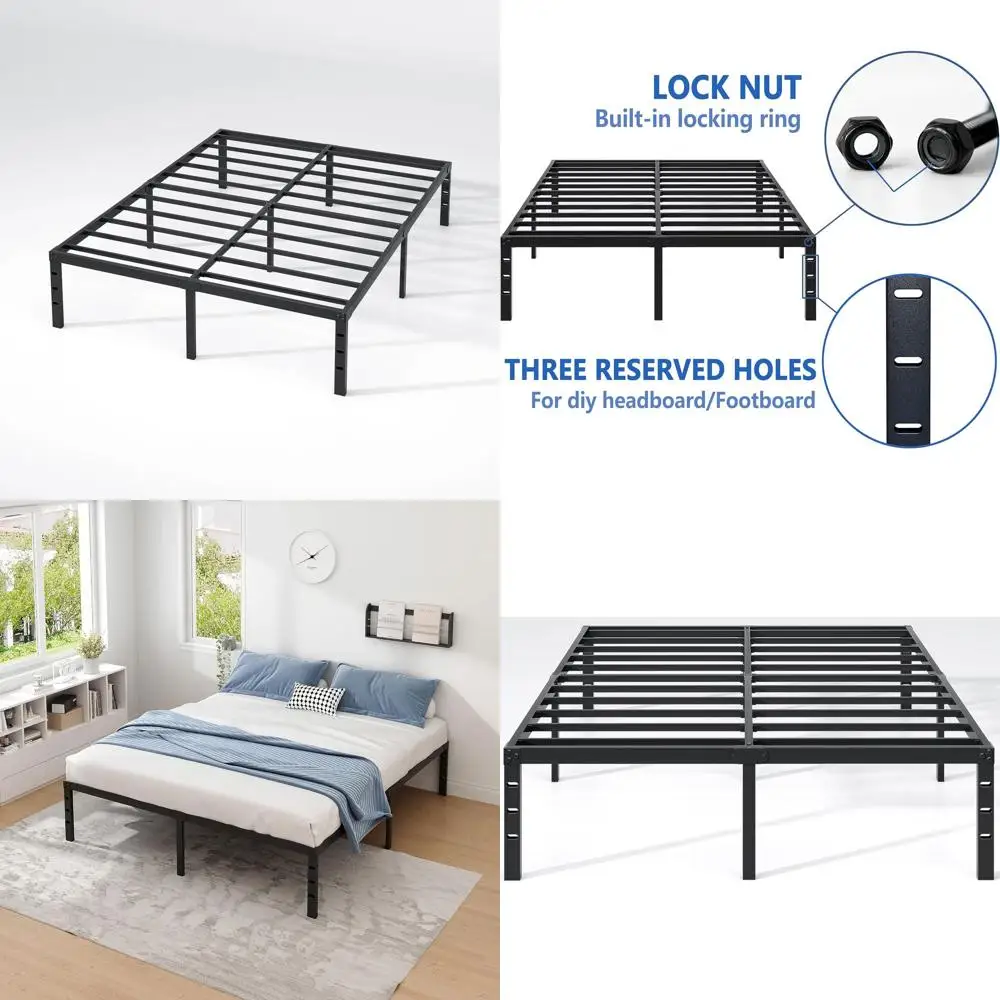 

16-дюймовая металлическая кровать размера Queen с местом для хранения, усиленная конструкция, простая сборка, не требует пружинного блока, черная.