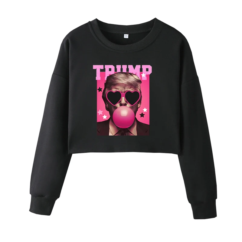 Pink Sun Glasses Trump Bubble Gum Crop Sweatshirts Interesting USA Presidential Costumes Women Pullover