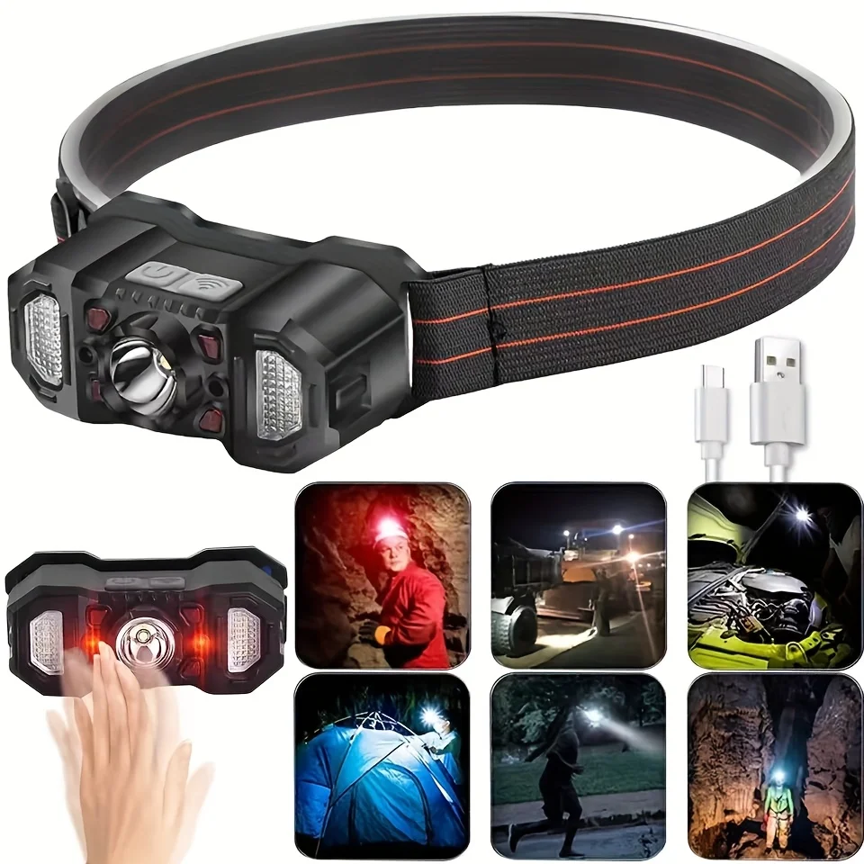 LED Headlamp USB Rechargeable Headlight Induction Head Lamp Powerful Headwear Lantern High Brightness Fishing Camping Hiking