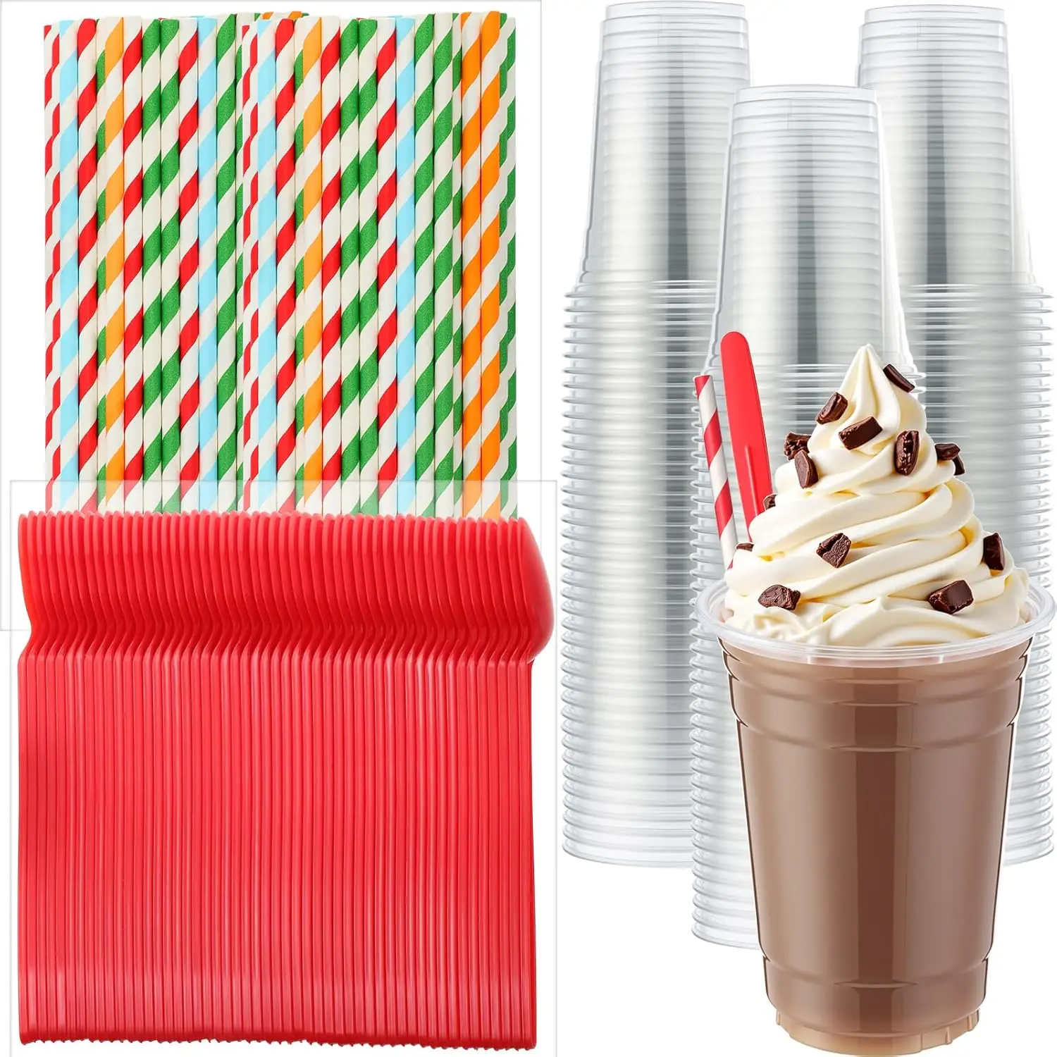 

100 Sets Christmas16 oz Plastic Disposable Root Beer Float Cups Parfait Cups, 8.27 Inch Sundae Spoons and Striped Paper