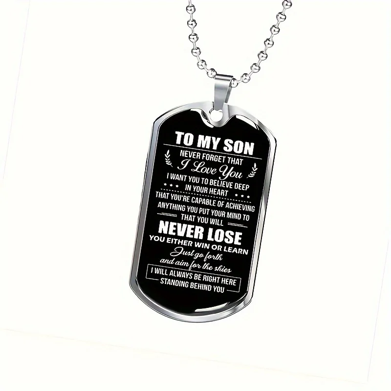 Text Print Dog Tag Enamel Stainless Steel Pendant Necklace, Anniversary, Graduation, Party, Birthday Gift To Son