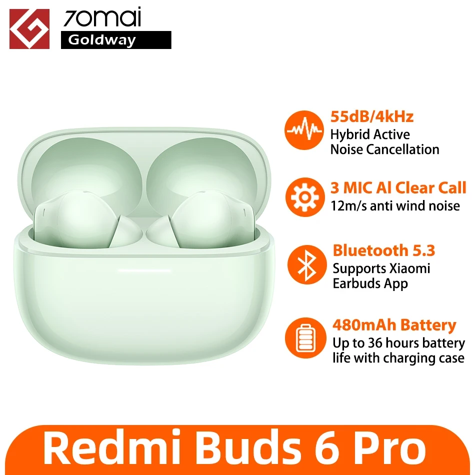 Xiaomi Redmi Buds 6 Pro True Wireless Headset 55dB Active Noise Cancellation 3MIC AI 36 Hours Battery Bluetooth Mi TWS Earbuds