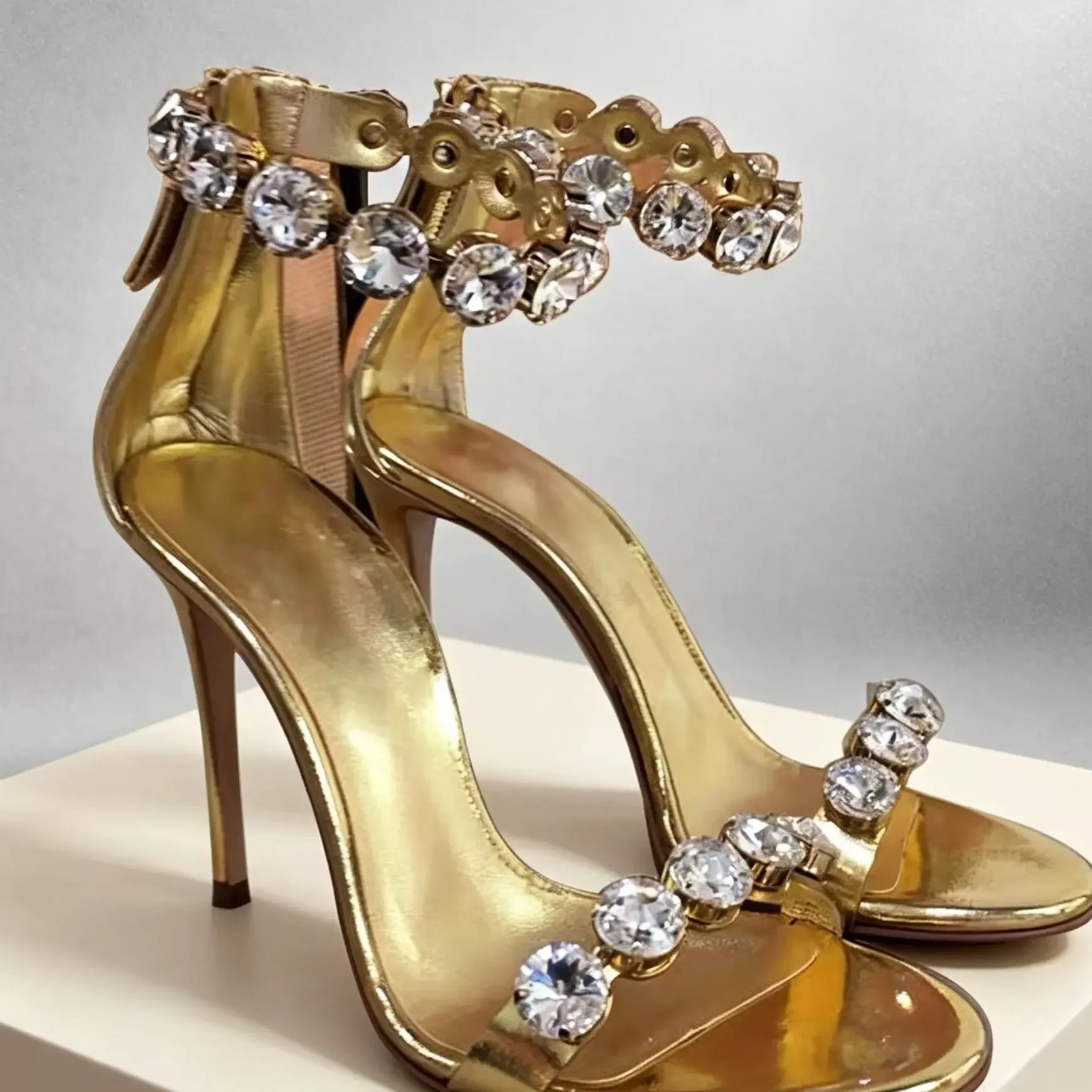 Rhinestone Ankle Strap Women Stiletto High Thin Heel Pumps Sandals Summer Party Gold Metallic Slingback Elegant Wedding Shoes