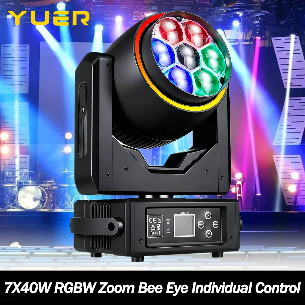 

7X40W светодиодный RGBW Zoom Bee Eye с индивидуальным управлением, движущийся головной светильник с кольцевым эффектом вспышки DMX512 для DJ, дискотеки, вечеринки, свадьбы