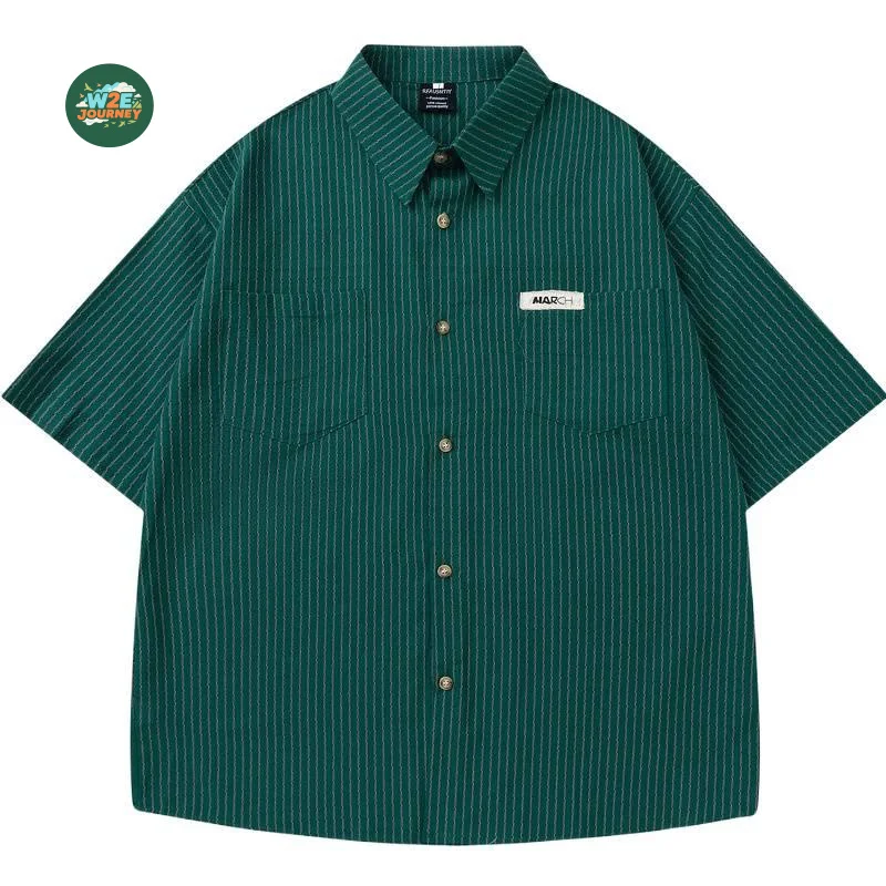 W2EJOURNEY Kemeja Bergaris Musim Panas Pria Ukuran AS UE Kualitas Terbaik Kemeja Kasual Luar Ruangan Antik Lengan Pendek Berkancing dengan Saku