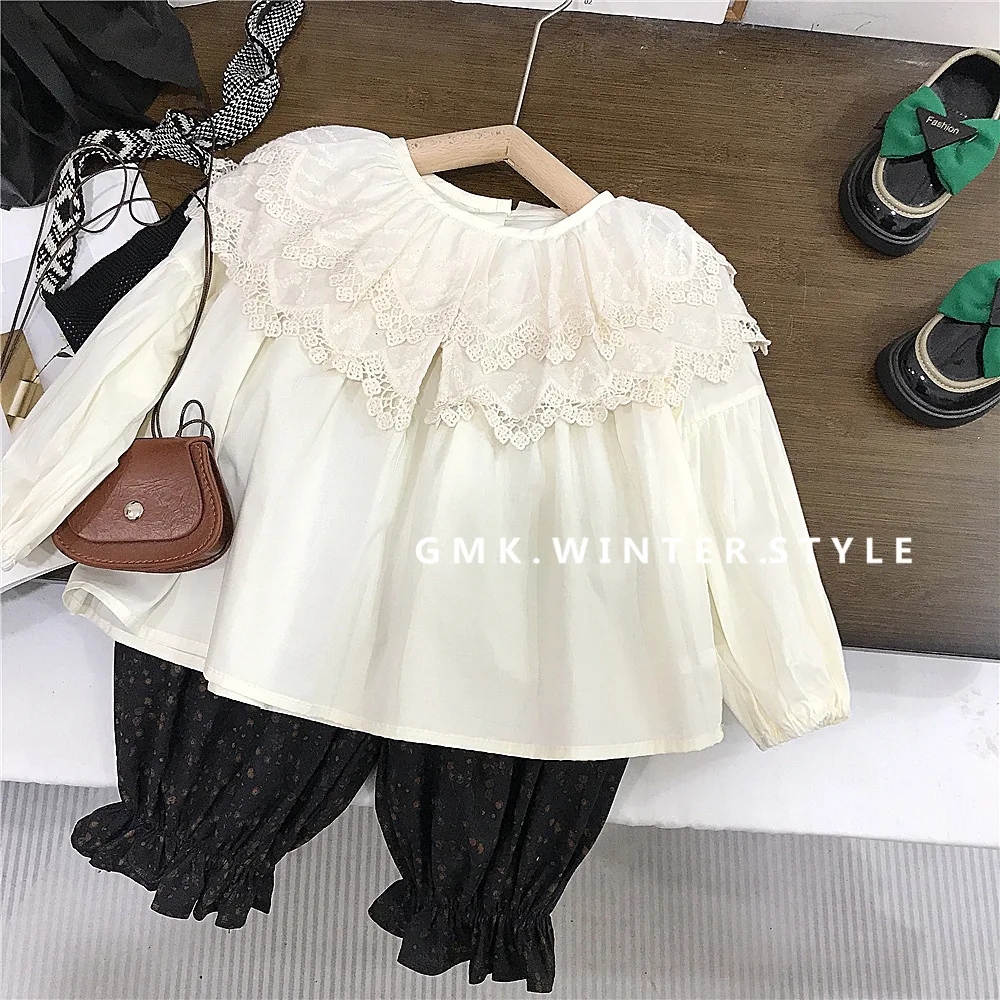 Girls' Autumn New Baby Girl Foreign-style Solid-color Lace Collar Long-sleeved Top Children's Floral Bud Pants Fashion