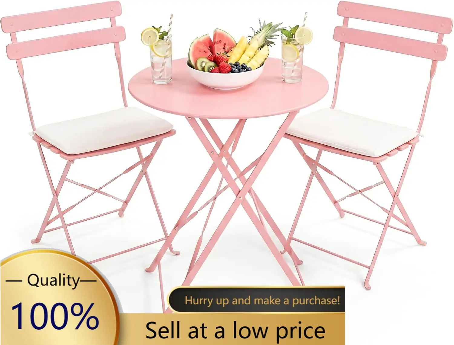 Folding Steel Bistro Conversation Furniture Set With Cushion For Patio Porch Yard Garden Balcony Pink