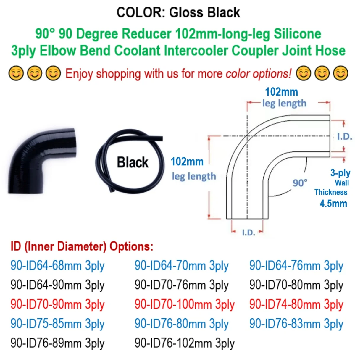 Glanzend zwart 90 °   90 graden verloopstuk elleboog ID 64 68 70 74 75 76 80 83 85 89 90 100 102 mm siliconen koppelingslang 3-laags 102 mm-lange