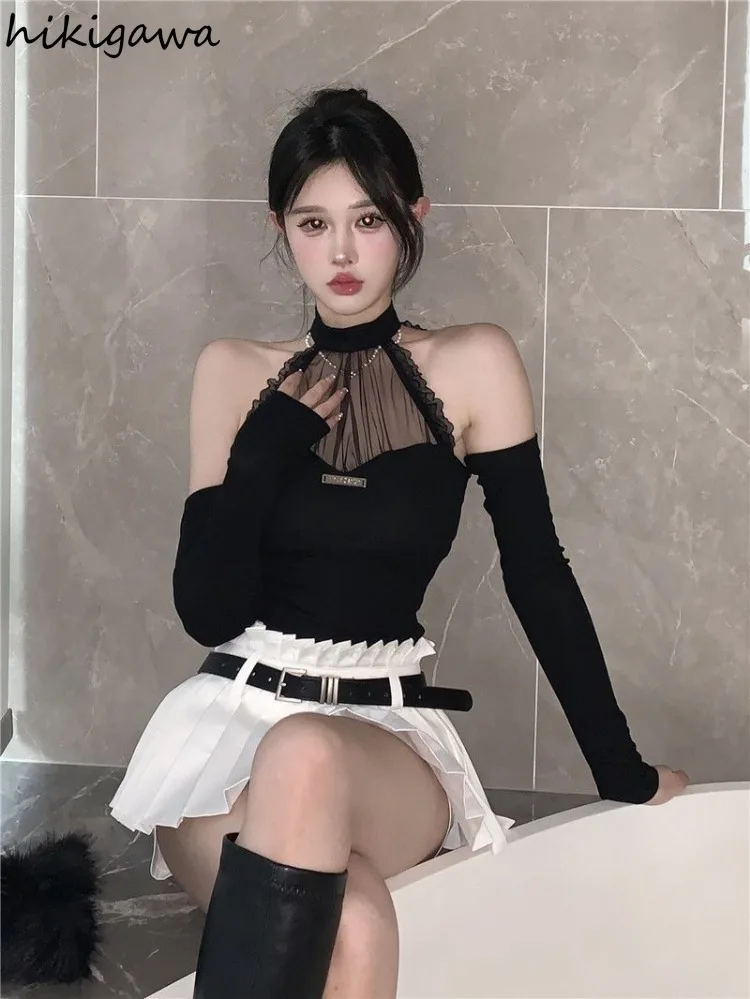 Sexy Lace Y2k Tops Women Tanks Patchwork Gauze Off Shoulder Slim Waist Camis 2025 Ropa Mujer Chic Korean Crop Vest with Sleeve image 4