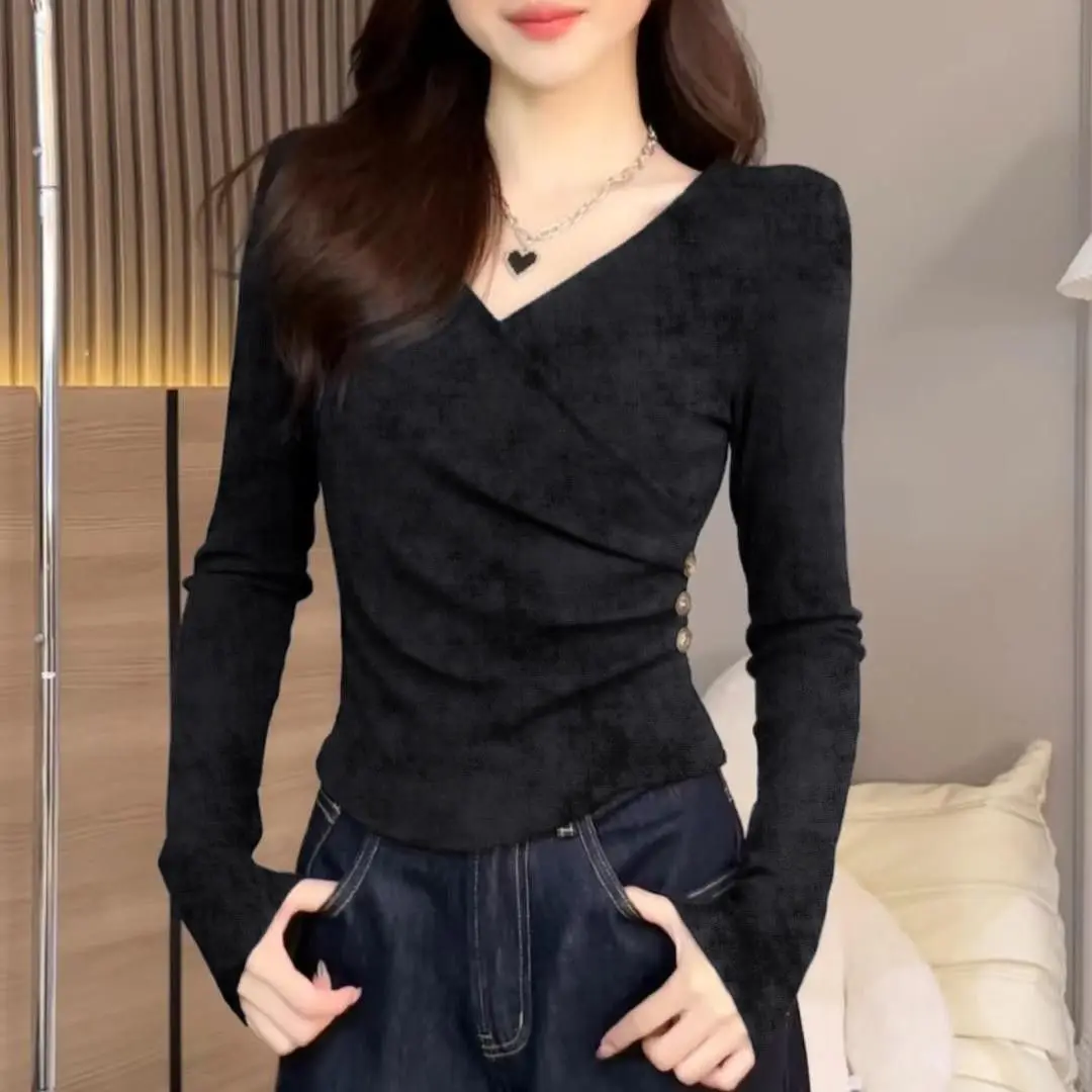 Fashion Tie-dye V-neck Long-sleeved Bottom T-shirt for Women's Spring Inner Wear Design Sense Button Slim-fitting Top