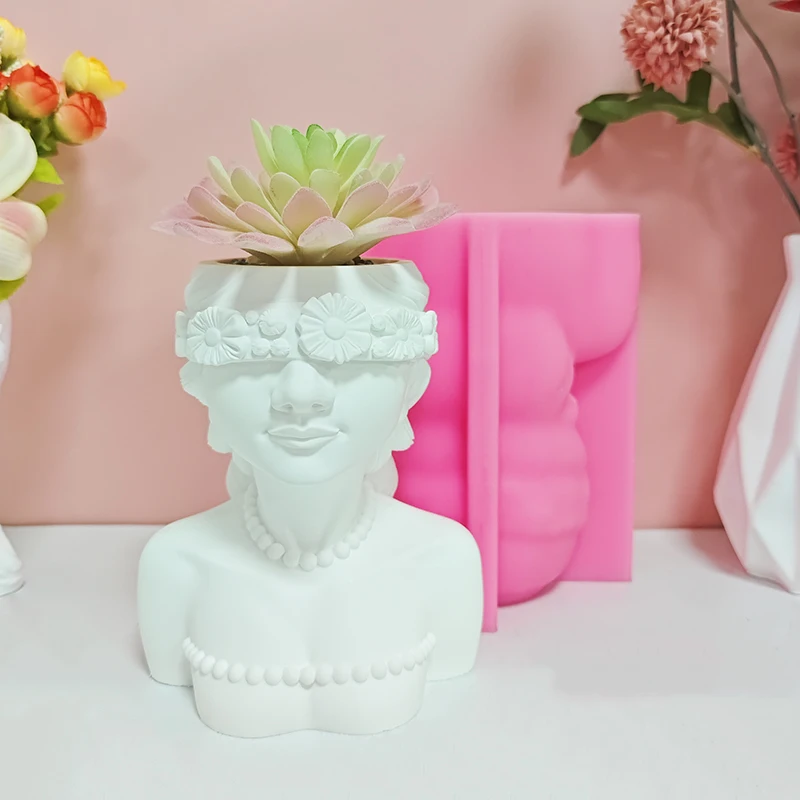Flower Wreath Blindfolded Girl Figure Flower Pot Silicone Mold DIY Cement Plaster Succulent Plant Mold Pearl Necklace Vintage Girl Flower Vessel Handmade Casting Mold