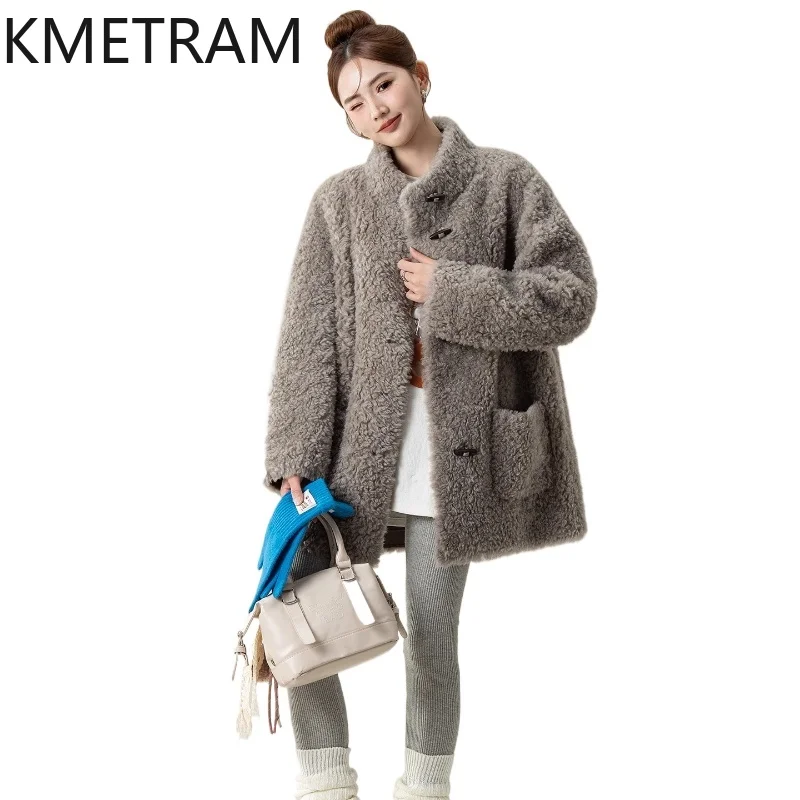 KMETRAM 100% Naturalna Wełna Swobodny Krój Guziki z Rogu Futro na Zewnątrz Średniej Długości Nowy Model Jesień-Zima 2025 куртка зимняя женская