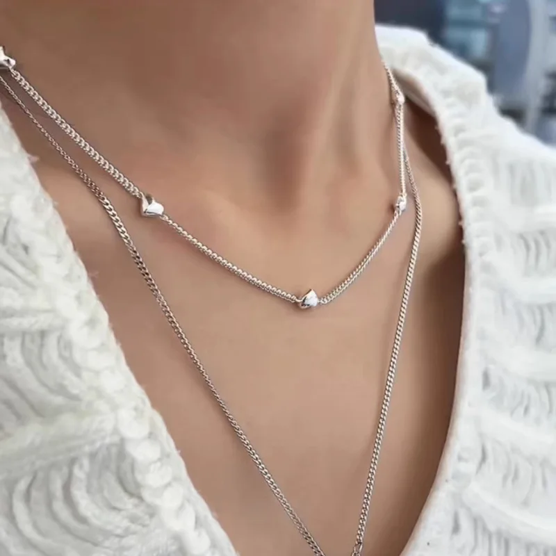 PANJBJ 925 Sterling Silver Love Heart Splicing Necklace Women Girl Design Snake Bone Chain Jewelry Gift Dropshipping