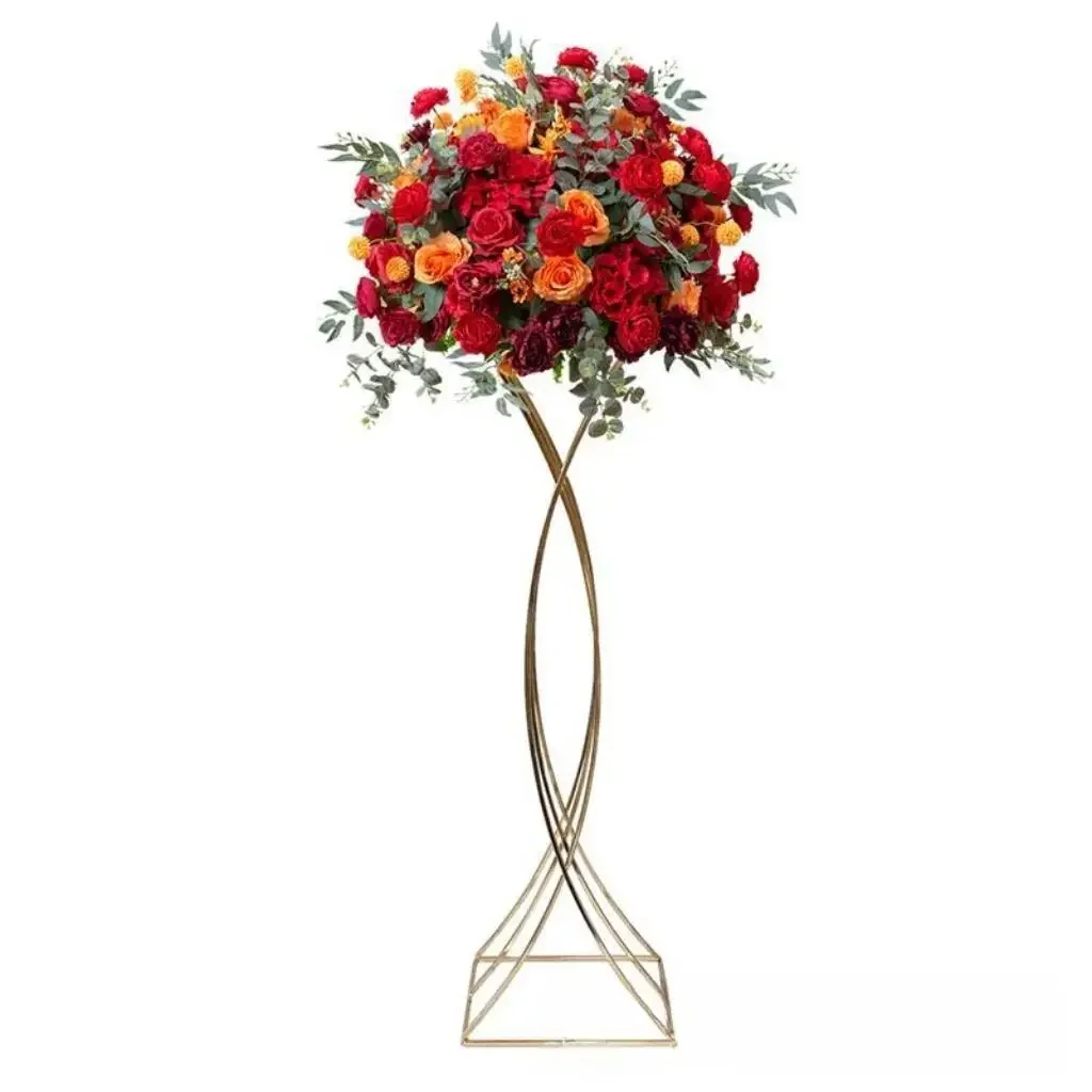 Goldener Metall-Blumenständer, Gedrehter Sanduhr-Tischaufsatz für Hochzeiten, Geometrische Blumensäule für Veranstaltungen und Bankette – Detail 7