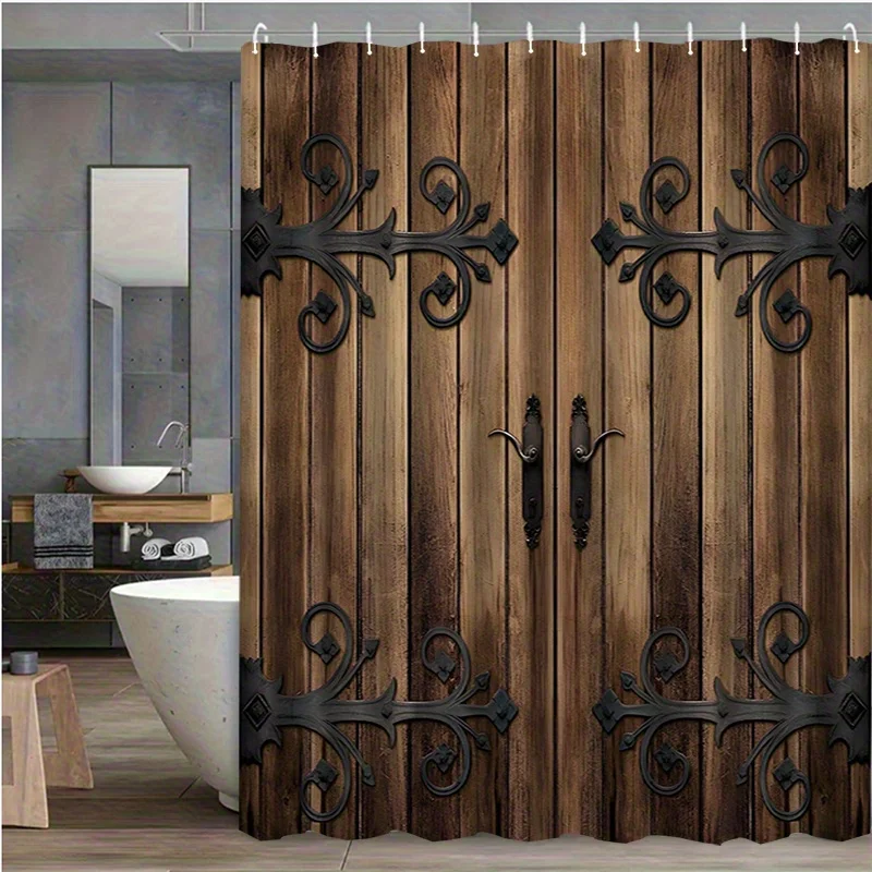 

Waterproof Wood Grain Rustic Shower Curtain Industrial Farmhouse Decor Bathroom Shower Screen Ornate Hooks Curtain Set