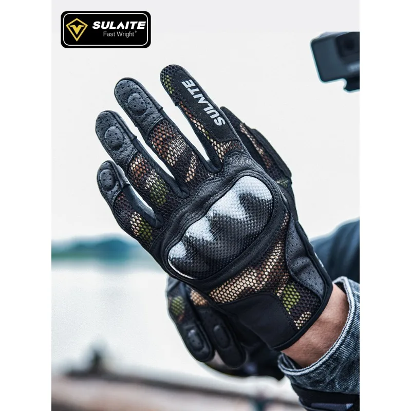 SULAITE Summer Motorcycle Gloves for Men and Women Breathable Fall Proof Motorcycle Retro Carbon Fiber Full Finger Gloves