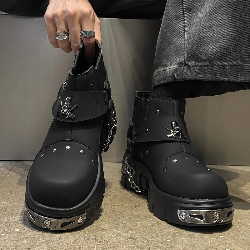 Men Black Punk Platform Boots Studded Buckle Straps Chain Decor Chunky Lug Sole Gothic Rock Ankle Boots