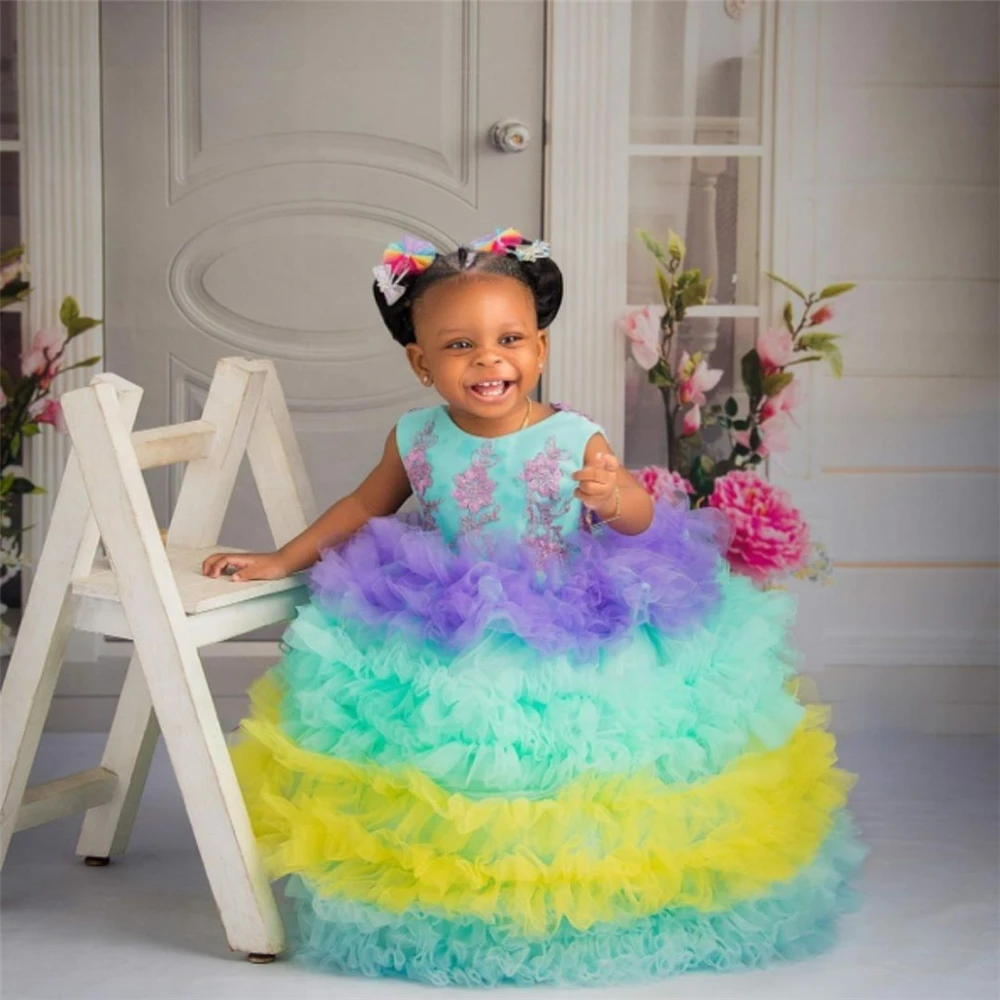 Color Decals Layered Flower Girl Dress Elegant  Tulle Lace Princess Kids Birthday Gift Ball First Communion Gowns Evening Dress