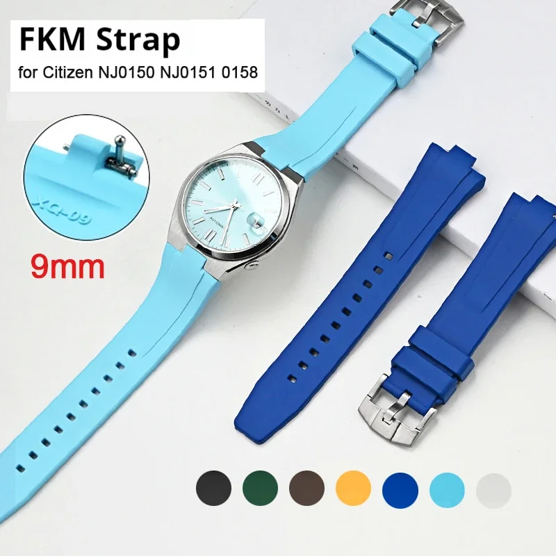 Fluoro Rubber Strap for Citizen NJ0150 NJ0151 0155 Stainless Steel Buckle Quick Release Men FKM Sport Waterproof Watch Band 9mm