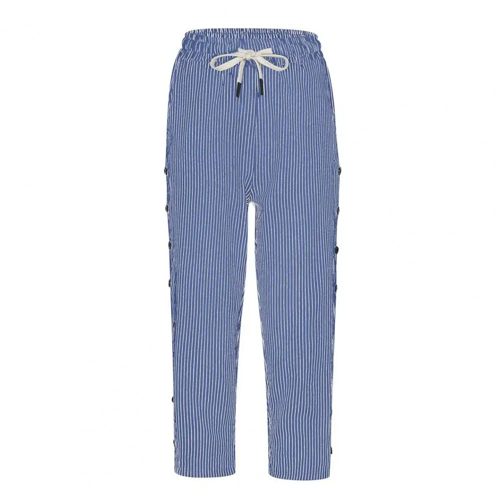 

Summer Thin Pants Stylish Vertical Striped Cropped Pants for Women with Elastic Drawstring Waist Pockets Summer Trousers Button