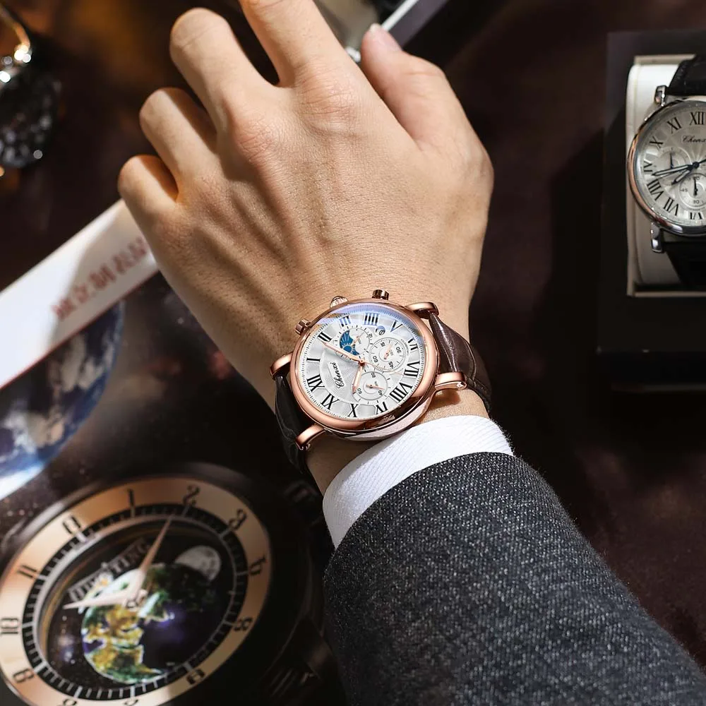 CHENXI Man's Multifunctional Watch Luxury Moon Phase Chronograph Luminous Waterproof Quartz Wristwatch High Quality Man Gifts