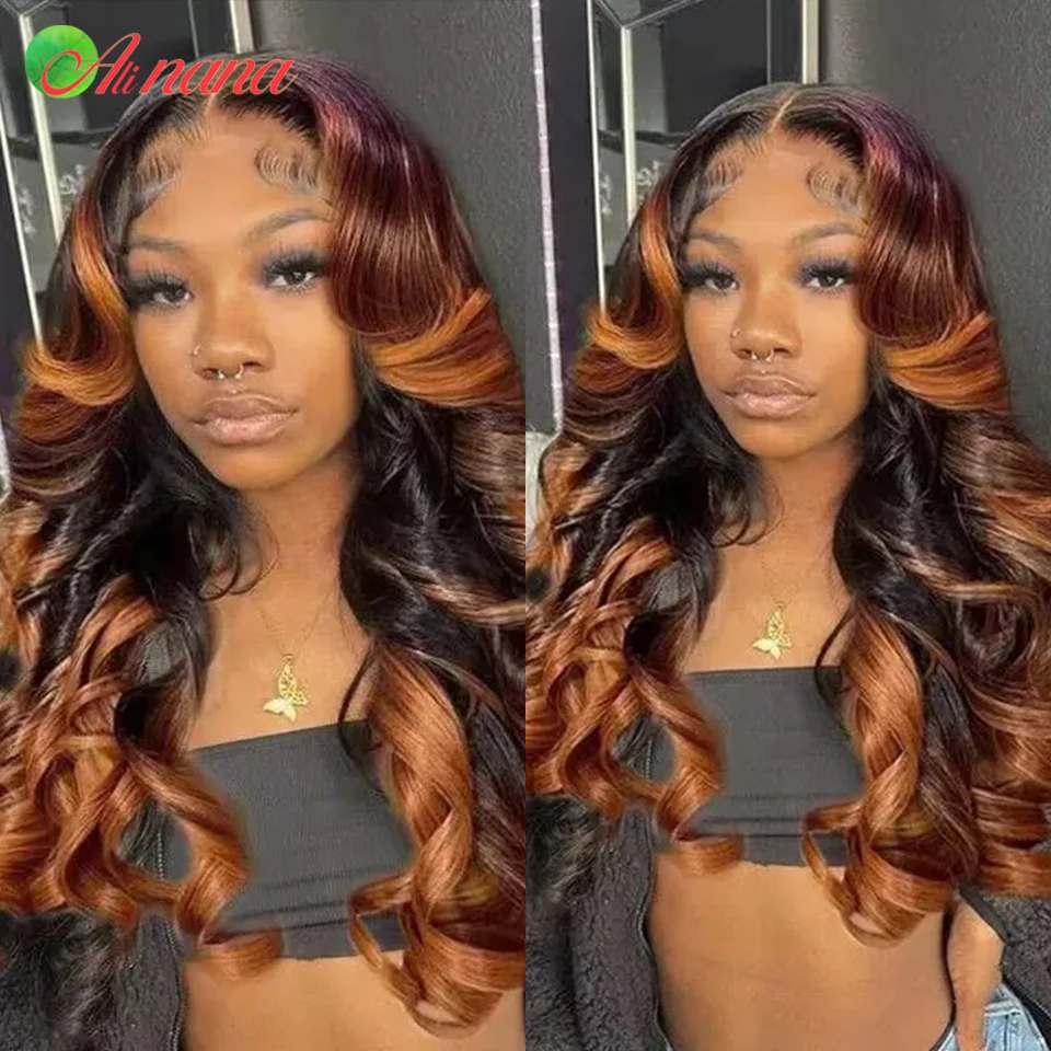 Wig Ombre jahe berwarna coklat 13x6 HD transparan renda Frontal Wig gelombang pre-plecked Wig rambut manusia penutupan renda kelas 12A untuk wanita