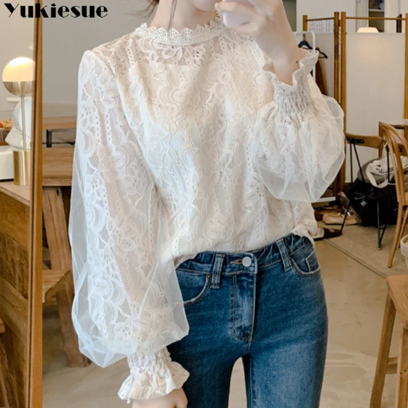 

Women Shirt 2023 Summer Korean Edition Version Long-sleeved Stand Neck Bubble Sleeve Splicing Lace Mesh Commuting Chiffon Shirt