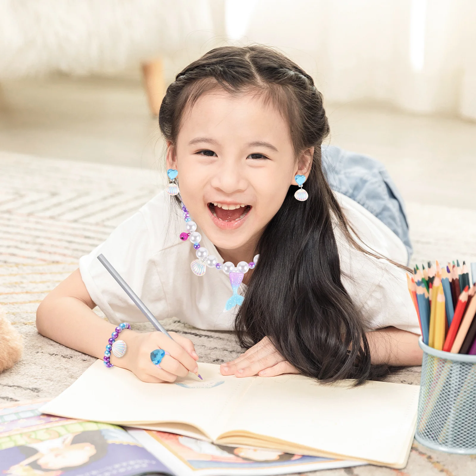 

1Set Little Girl Seashell Beaded Necklace Bracelet Mermaid Tail Ring Ear Clip Earrings Jewelry Set Summer Party Gift