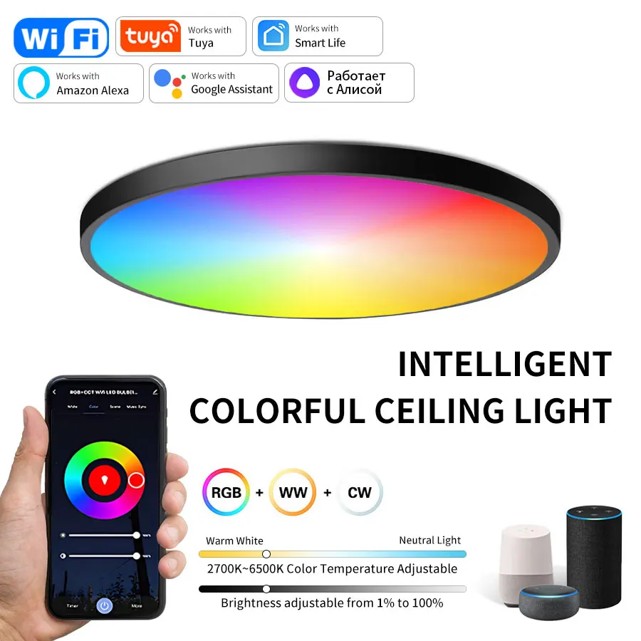 

Умный потолочный светильник Tuya WiFi 220 В RGB с регулируемой яркостью, потолочный светильник Bluetooth, круглый потолочный светильник, светильник для умного дома, поддержка Alexa Google