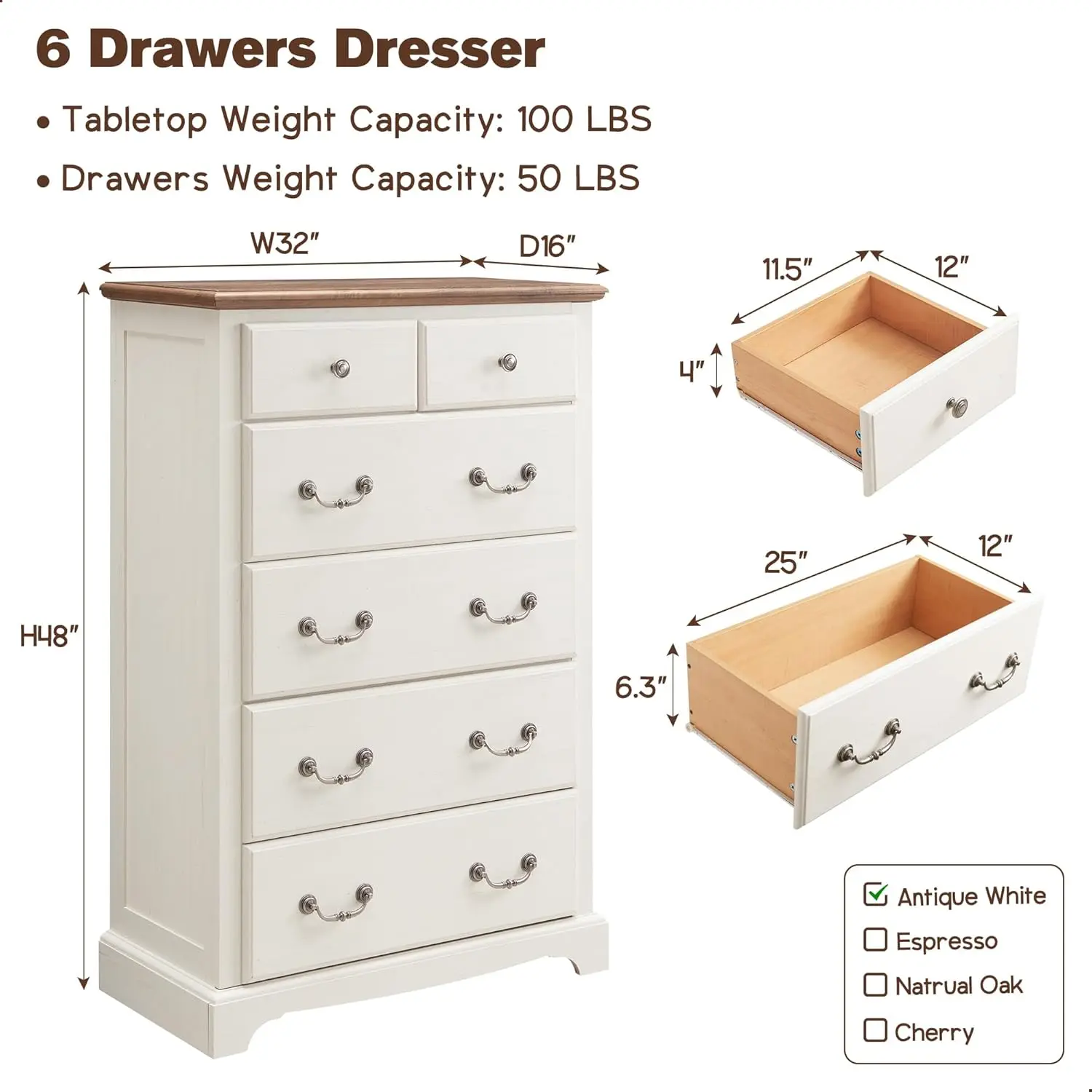 6 Drawers Dresser Chests for Bedroom, 48