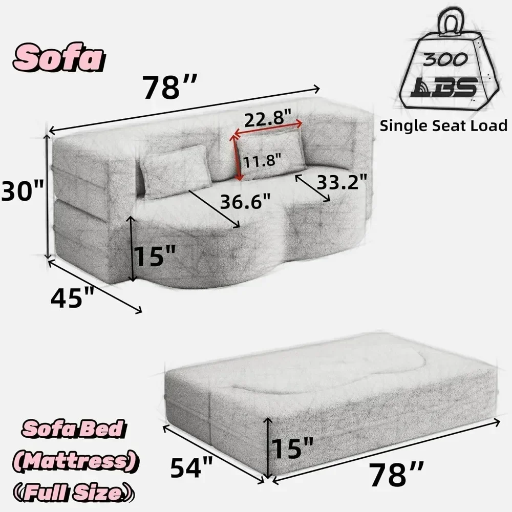 Floor Sofa Futon Cloud Couch Convertible Sofa Bed with 2 Pillows Teddy Fabric Foam-Filled Loveseat Sleeper Sofa Couches