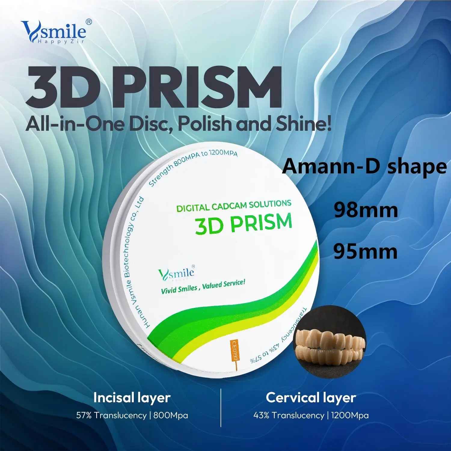 

Dental Vita16 3D Prism Multilayer Zirconia Block 1200MPA 43-57% Translucency CADCAM Zirconia Disc for Dental Lab Long Bridge