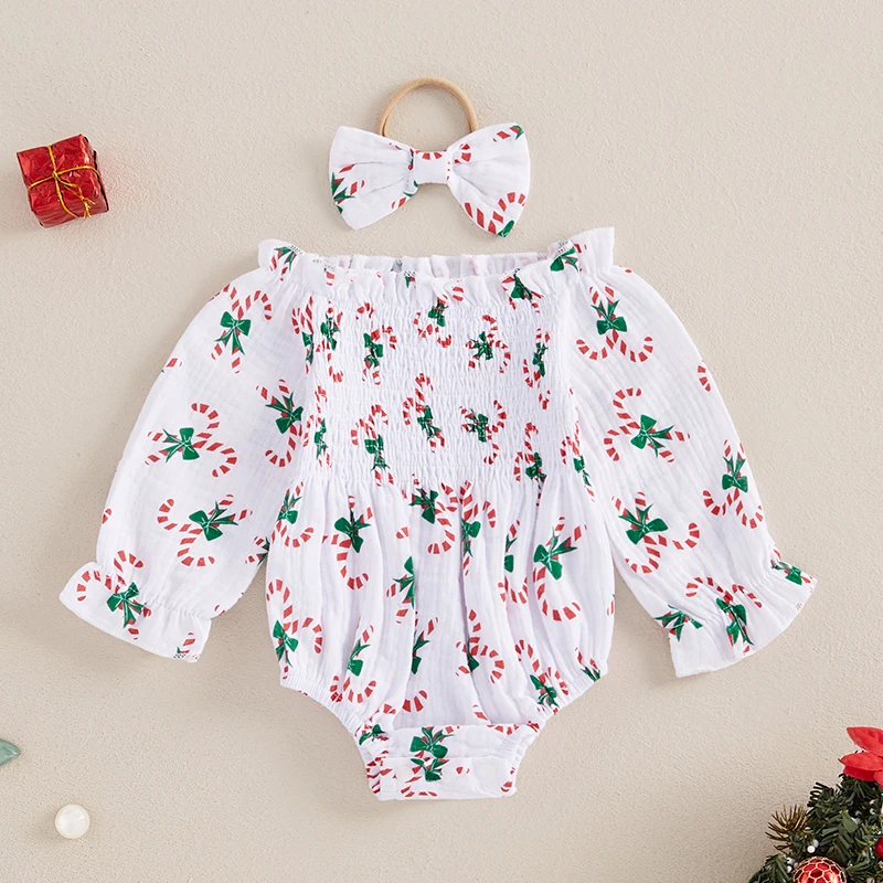 Baby Girl Christmas Outfits Long Sleeve Candy Cane Print Smocked Bodysuit with Headband 2 Pieces Set Infant Clothes