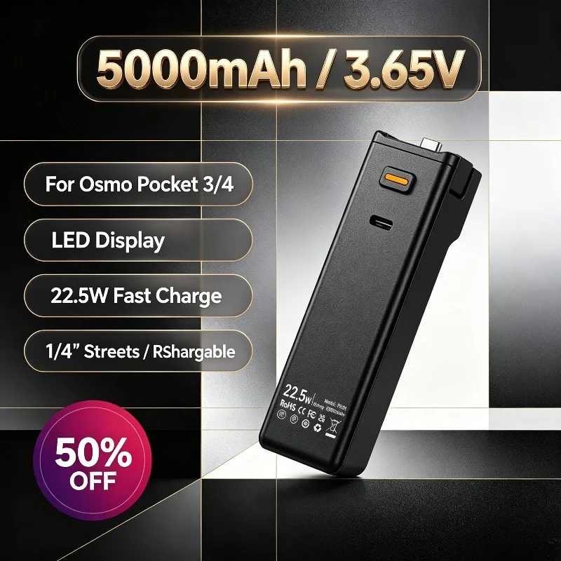 5000mAh 3.65V Battery Handle for DJI Osmo Pocket 3/4 with LED Display 22.5W Fast Charge Replacement Accessories