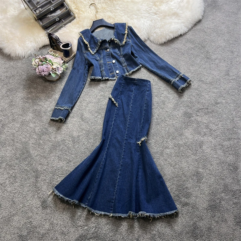 Phụ Nữ 2 ĐẦM Denim SUÔNG Ngắn Retro Áo Khoác + Cao Cấp Ngọt Nàng Tiên Cá Trung Dài Váy Phù Hợp Với 2022 Thu Mới