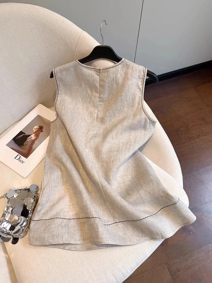 

Повседневный льняной жилет в стиле ретро, круглый летний свободный топ, модный дизайн для поездок на работу, асимметричный чистый цвет