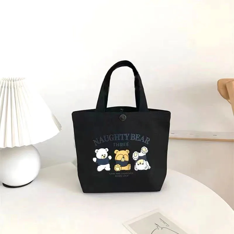 Bear Print Canvas Bag, Tote Bag, Book Daily Necessities, Cosmetics, Bento Storage, Portable Storage Bag, 1Pcs