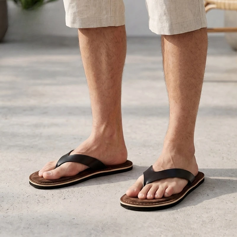 Mens Genuine Leather Fashion Flip Flops Luxury Handmade Quality 2026 Summer New Cow Suede Outdoor Beach Man Slippers Shoes