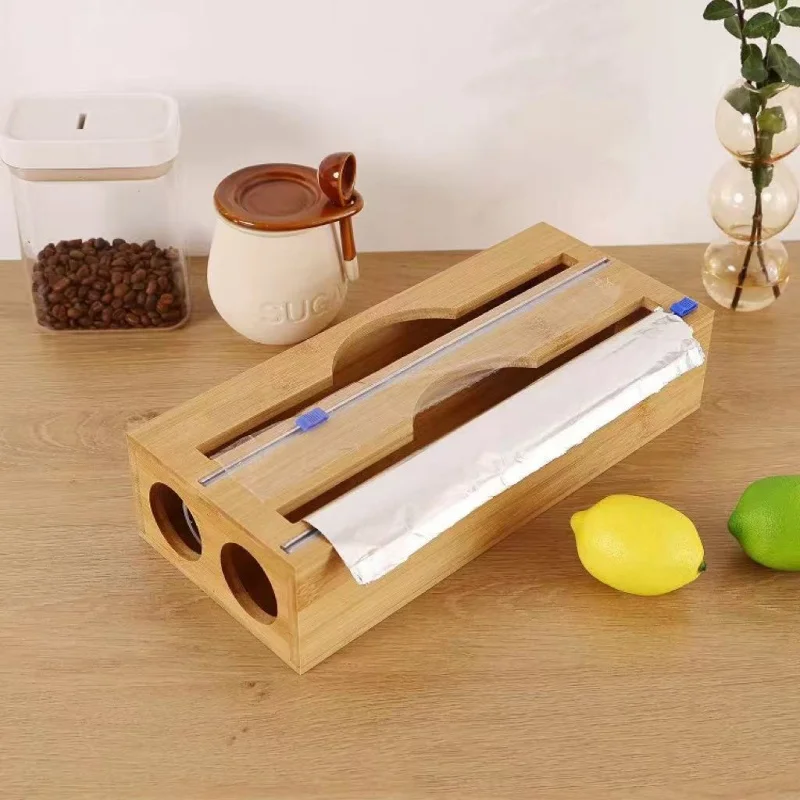 Wood Plastic Wrap Dispenser Kitchen Wall Mounted Storage Box Bake Paper Holder Trash Bag Organizer Cling Film Cutter Multi Layer