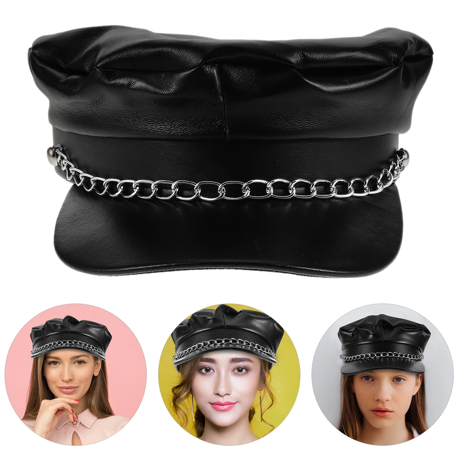 

Navy Cap For Men Women Vintage Pu Flat Top Chain Decor Captain Sailor Hat Costume Party Travel Accessory