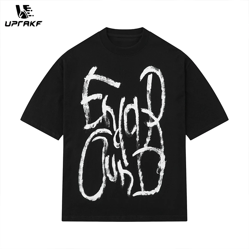 UPRAKF O Neck Letter Print Streetwear Oversize T Shirts Short Sleeve Casual Summer Cotton Simple Design Hip Hop Tee Loose