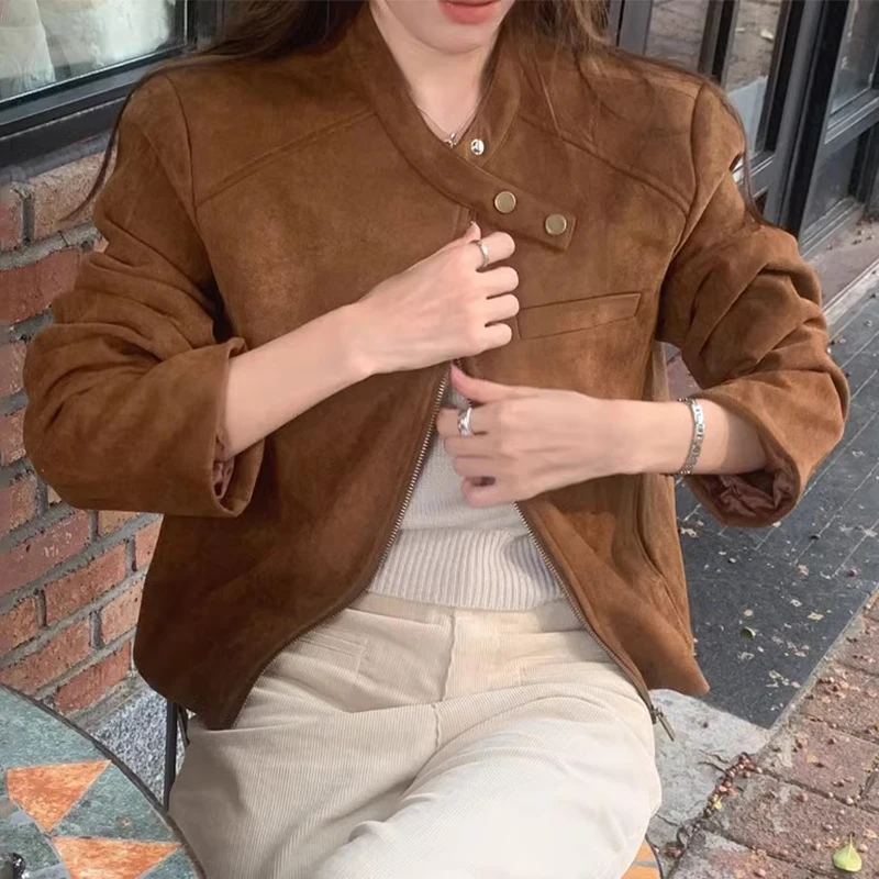 أنيقة الأمريكية الرجعية الوقوف طوق فو الجلد المدبوغ طويلة Sve فضفاضة المرأة السائق Jaet معطف تخفيف Sle طول منتظم سستة