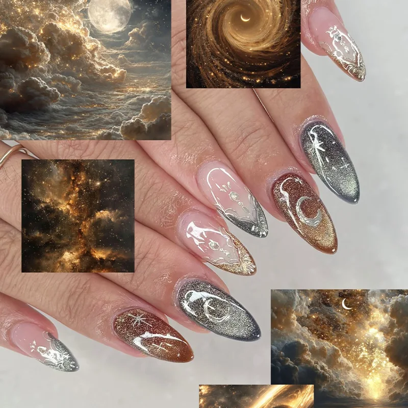 24 Stück Romantische Y2k Stern Press On Nails Farbverlauf Blau Französischer Stil Gold Mond Designs Fake Nail Süße Mandel Falsche Nägel für Frauen