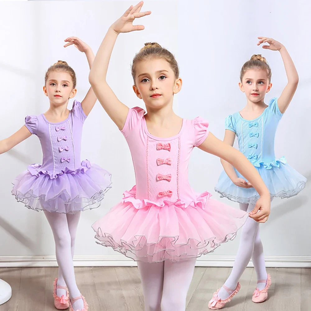 Kids Girls Ballet Dance Tutu Dress Short /Long Sleeves Tulle Bowknot Gymnastics Leotard Dress Ballerina Birthday Party Wear