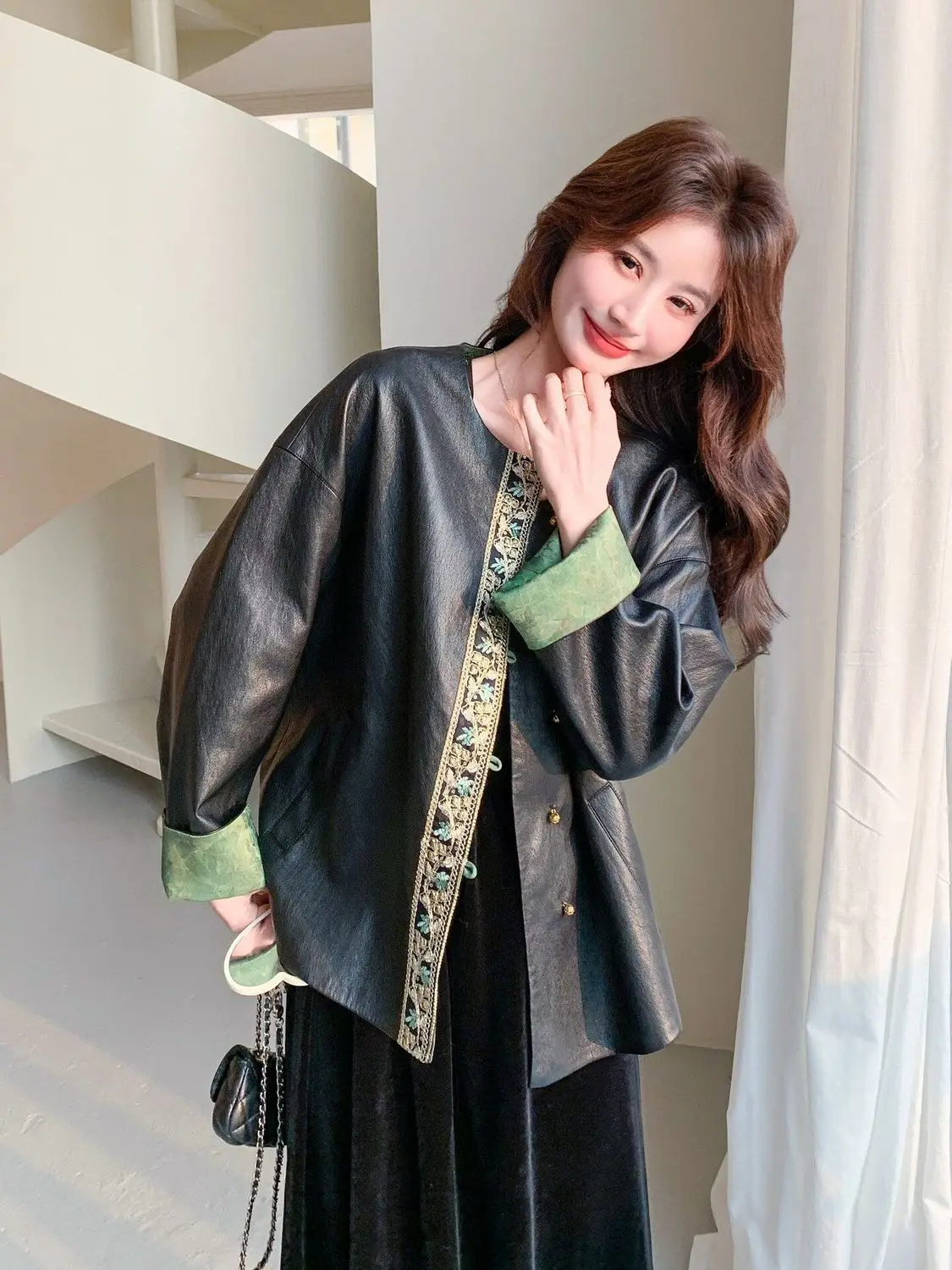 New Chinese Style National Style Wears Black PU Leather Jacket on Both Sides, Women's Spring 2026 New Casual Versatile Small Top