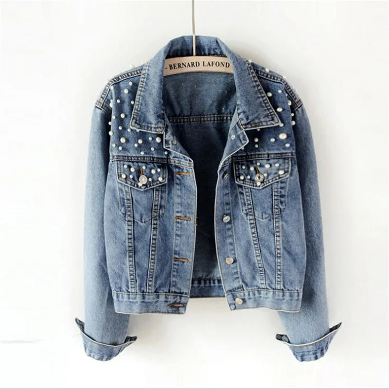 Beading Woman Denim Jacket 2023 Spring Autumn New Streetwear Rivet Long Sleeve Top Casual Beaded Pearls Loose Jeans Coat Clothes